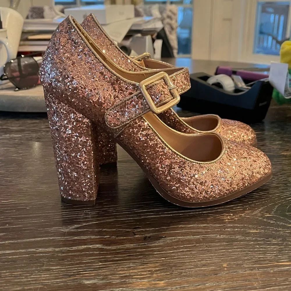 Mix No. 6 Asuviel Rose Gold Glitter Stacked Heel sz 7-1/2